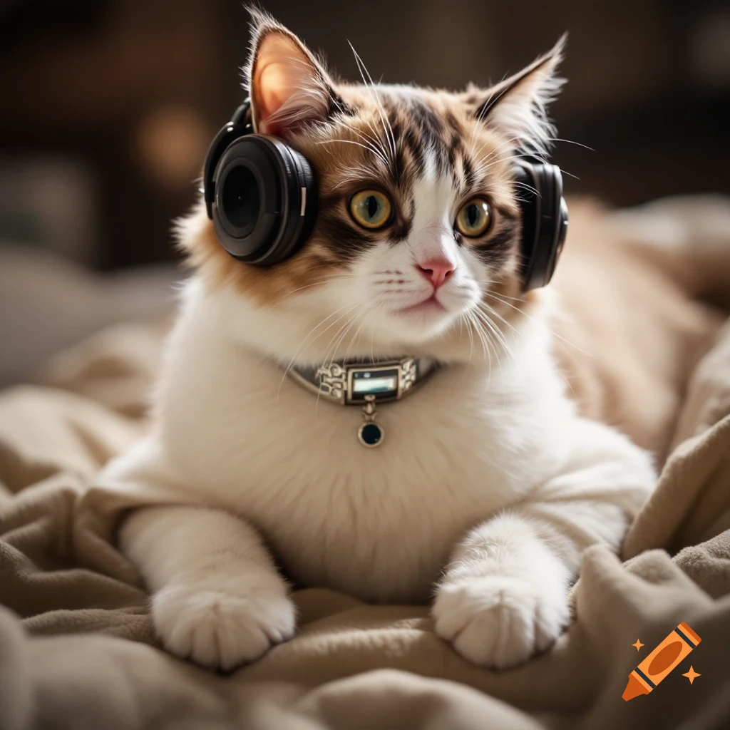 A photorealistic photo of a cat wearing headphones and a collar, lying on a blanket.