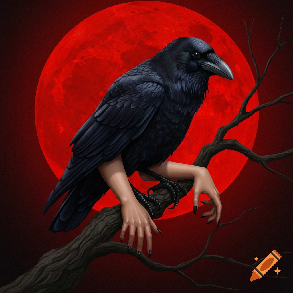 A black crow with human hands perches on a branch against a large red moon.