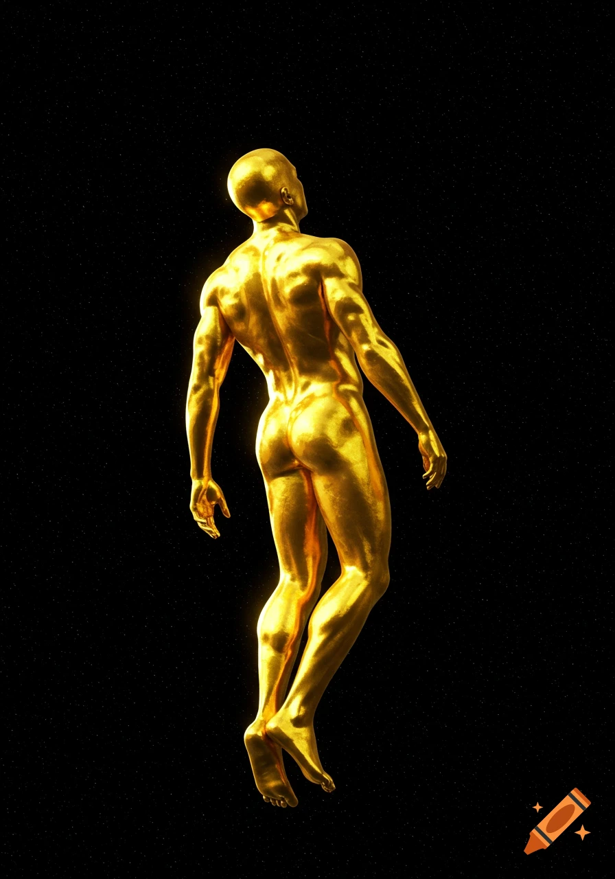 A golden human-like figure floats with its back turned in a dark starry void.