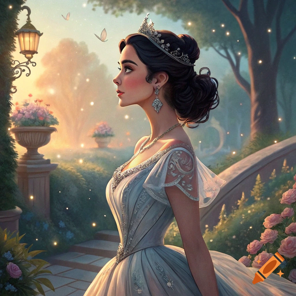 A woman in a white gown and tiara stands in a magical garden at sunset, in a fairytale style.