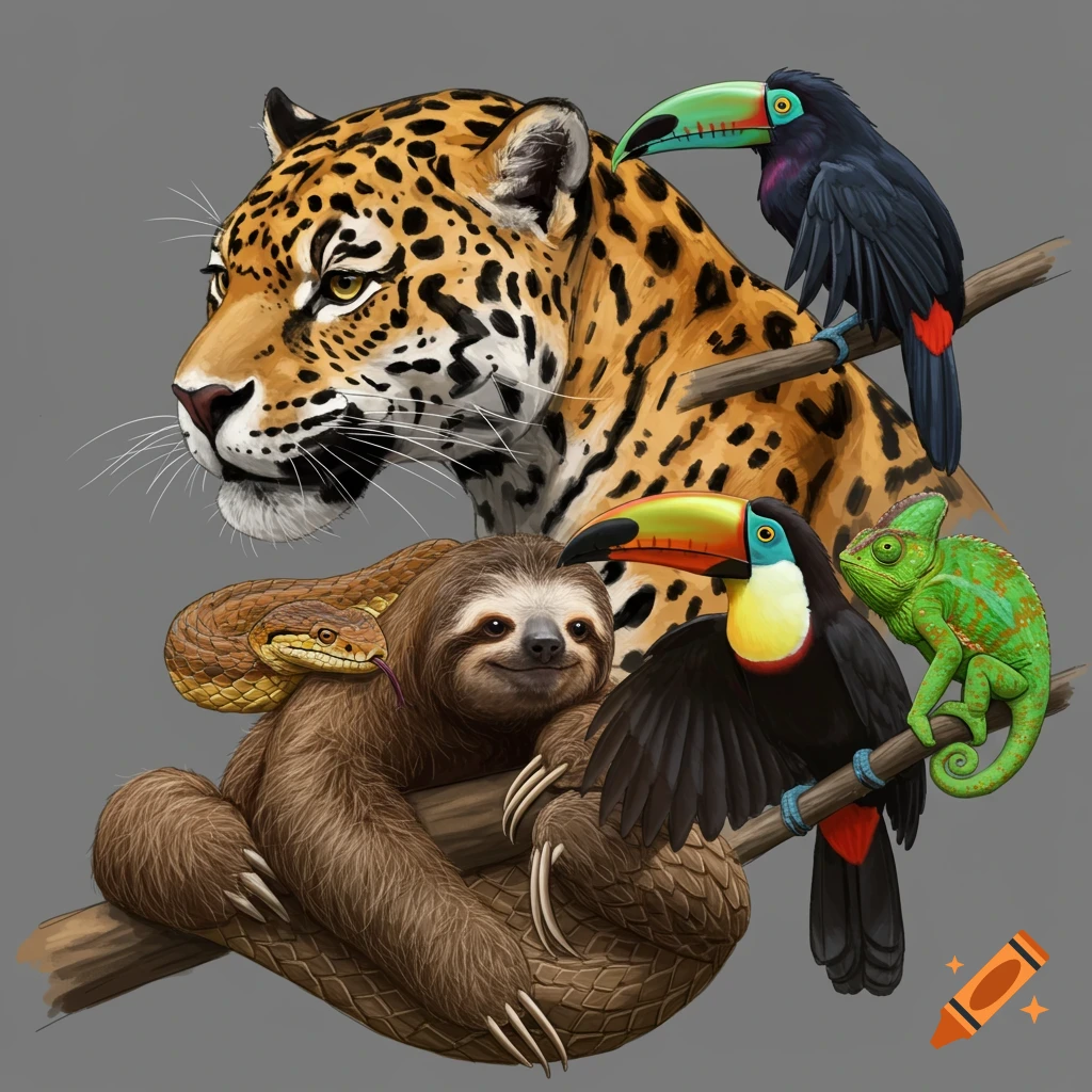 Realistic illustration of a jaguar, sloth, snake, two toucans, and a chameleon on branches.