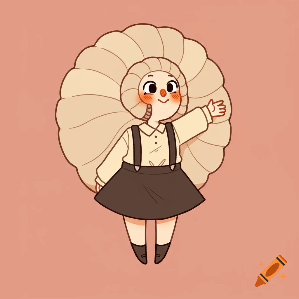 Cute cartoon character resembling an ammonite shell, wearing a suspender skirt and waving.