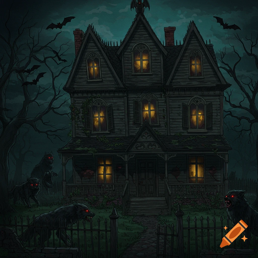 A spooky gothic house at night with werewolves and bats.