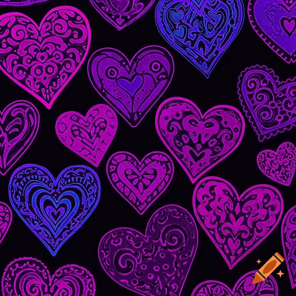 A seamless pattern of purple and blue decorative hearts on a black background.