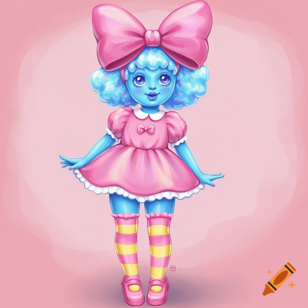 A cute blue-skinned creature with a large pink bow, pink dress, and yellow-striped socks against a pink background.
