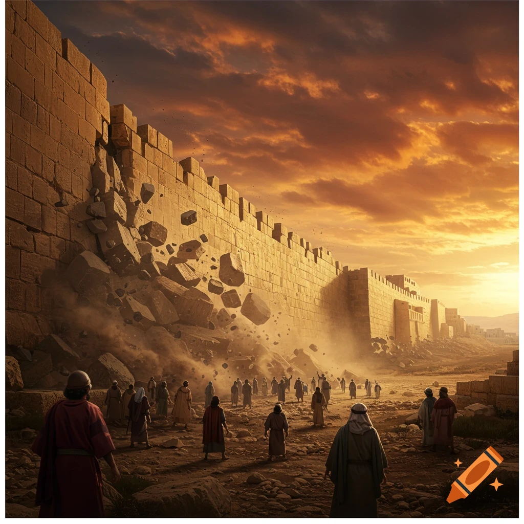 The Wall of Jericho crumbles as people watch under a dramatic sunset.