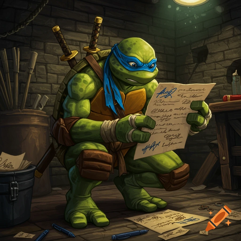 Painting of Leonardo from TMNT in a sewer reading a paper with signatures on it.