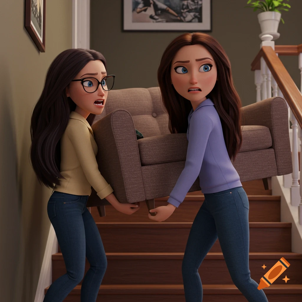 Comical Pixar-style animation of two women struggling to carry a couch up stairs.