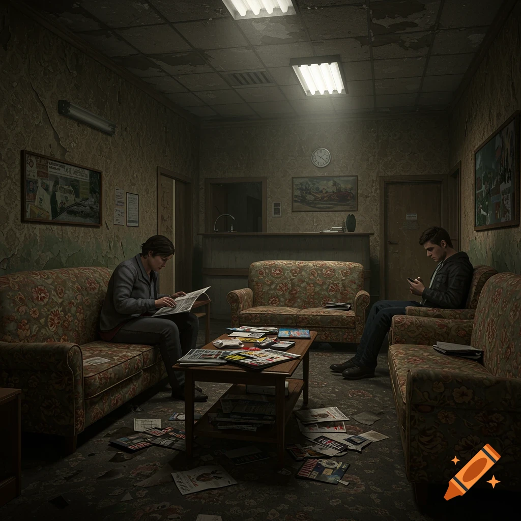 A neglected waiting room with people reading among scattered magazines.