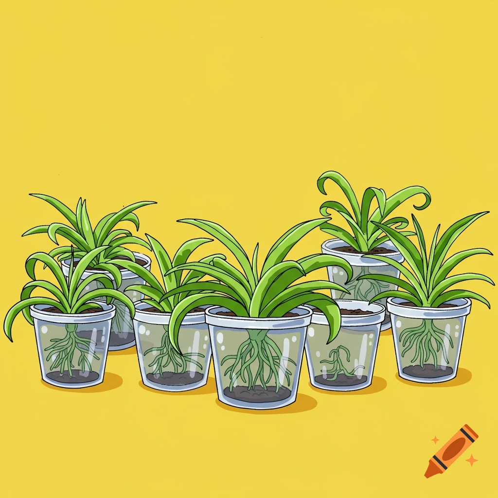 Seven spider plants in clear pots, cartoony illustration style.