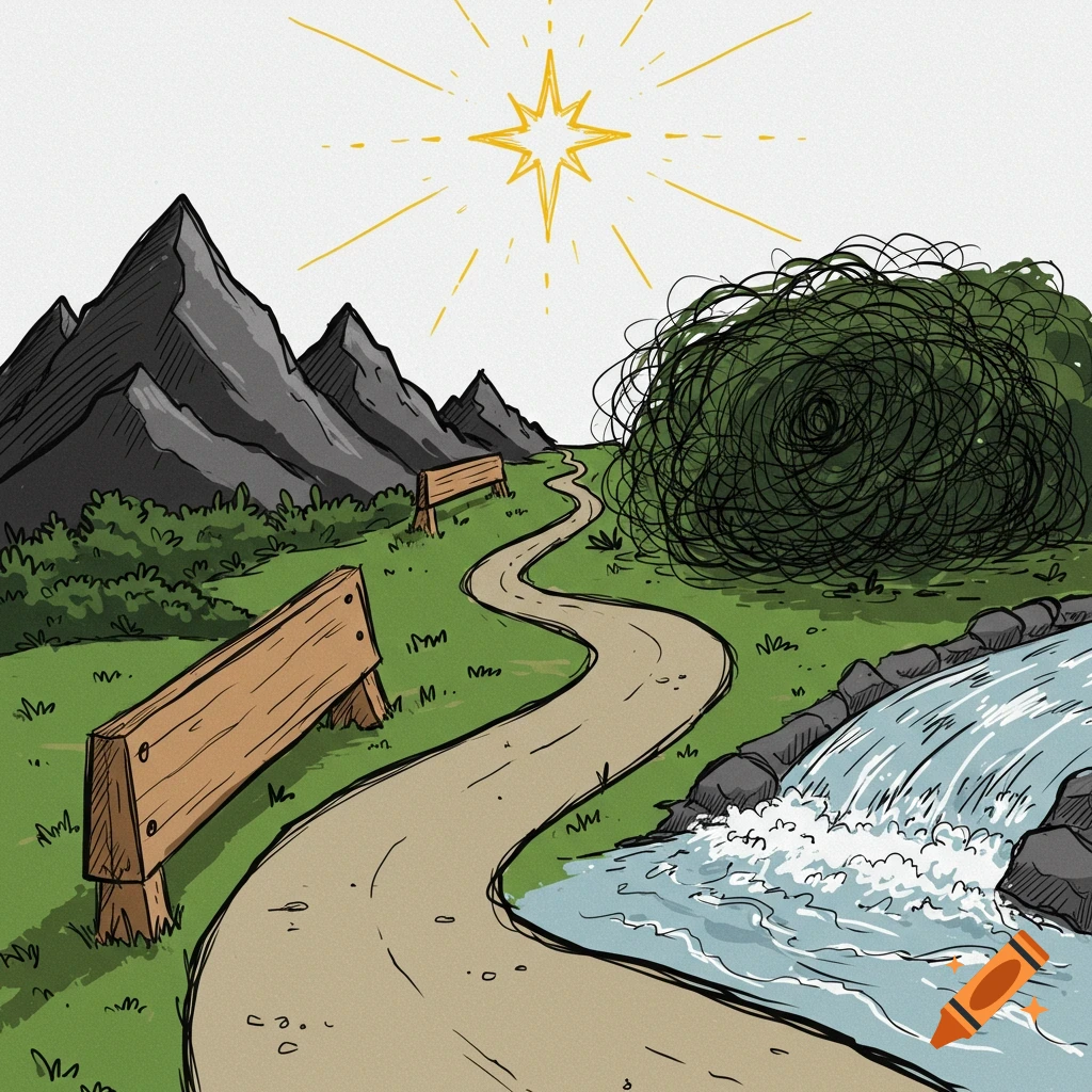 Hand-drawn sketch of a path winding through a landscape towards a star, with mountains, benches, and a waterfall.