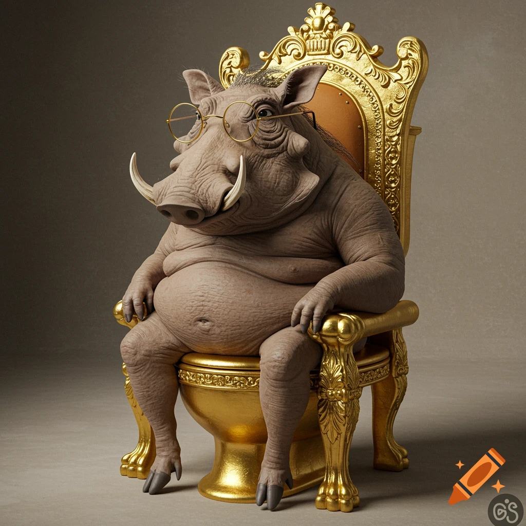 Warthog-human hybrid with glasses sits on a golden toilet throne.