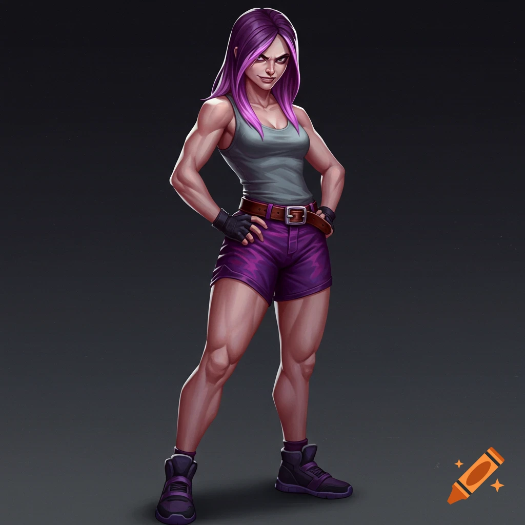 A muscular young woman with purple hair, wearing a grey tank top and purple shorts, stands with hands on hips.
