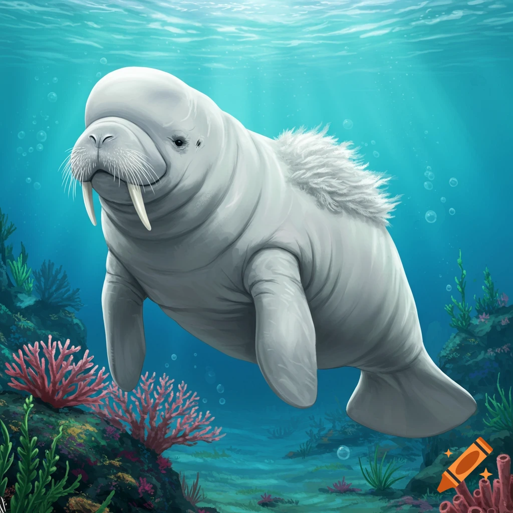 An aquatic creature, a hybrid of a manatee and a walrus, glides through the water surrounded by coral.