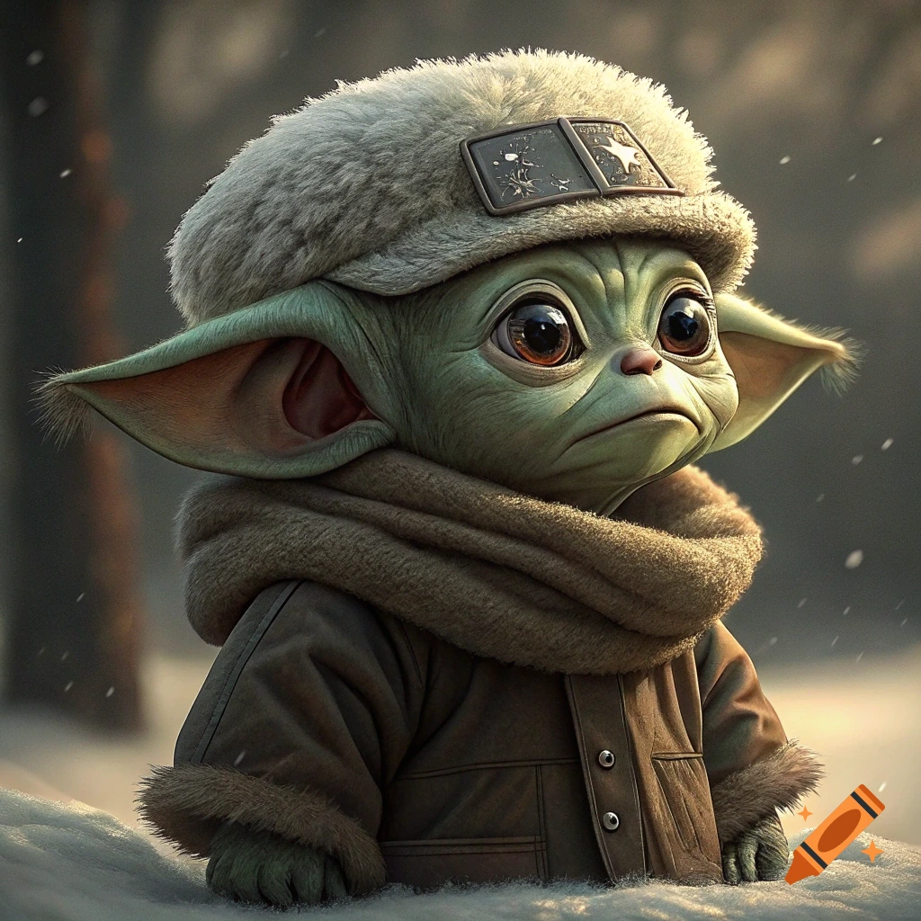 Grogu wears a fur hat and scarf in the snow