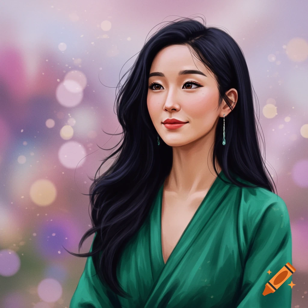 A woman with long dark hair and a green dress against a blurry bokeh background.