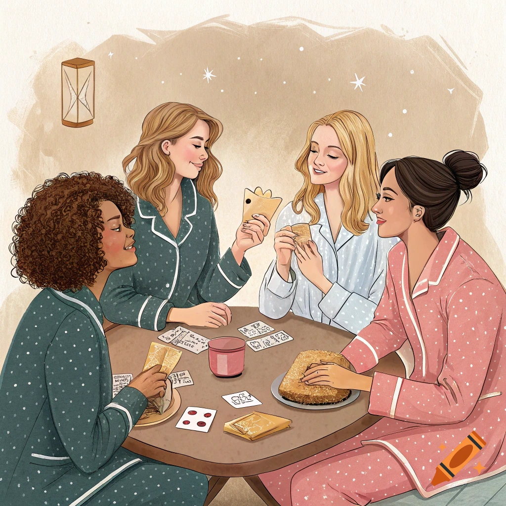 Illustration of four women in pajamas playing cards at a table.