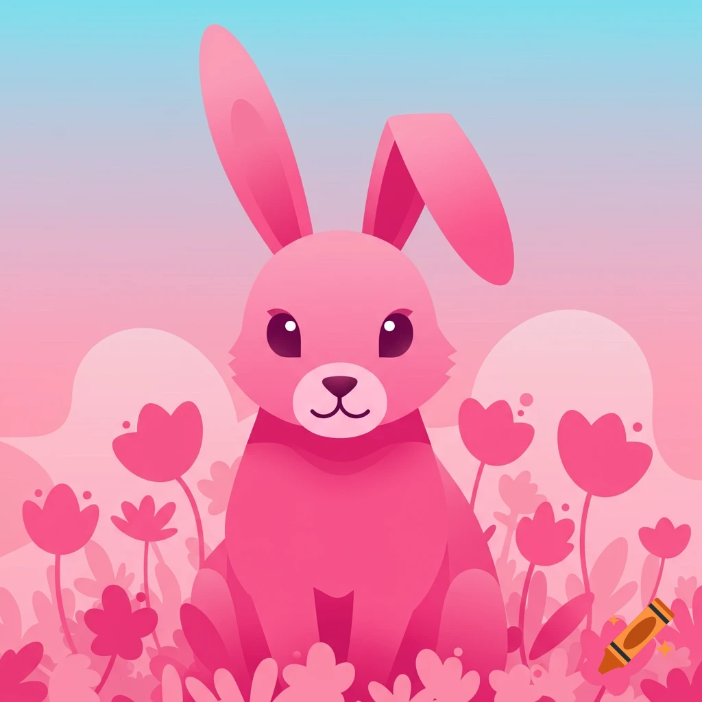 A pink vector graphic illustration of a rabbit sitting among flowers