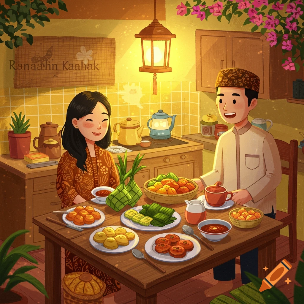 Image of a smiling couple sharing a meal with traditional food like ketupat and cakes in a kitchen.