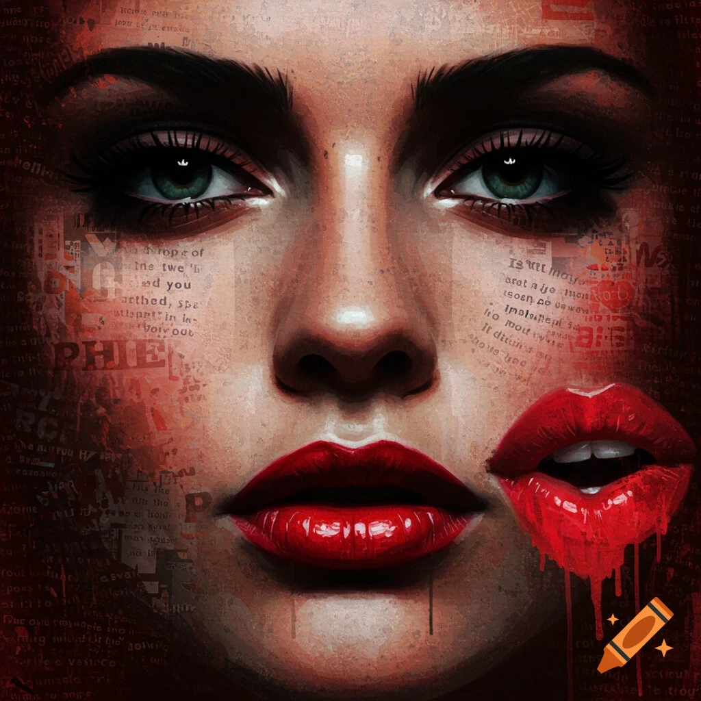 Close-up of a woman's face with red lips and green eyes against a dark, layered background with text.