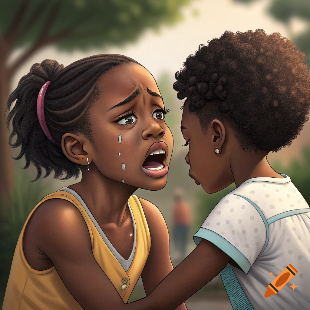 An illustration of two young black girls, one crying with tears running down her face, facing another girl with short hair.