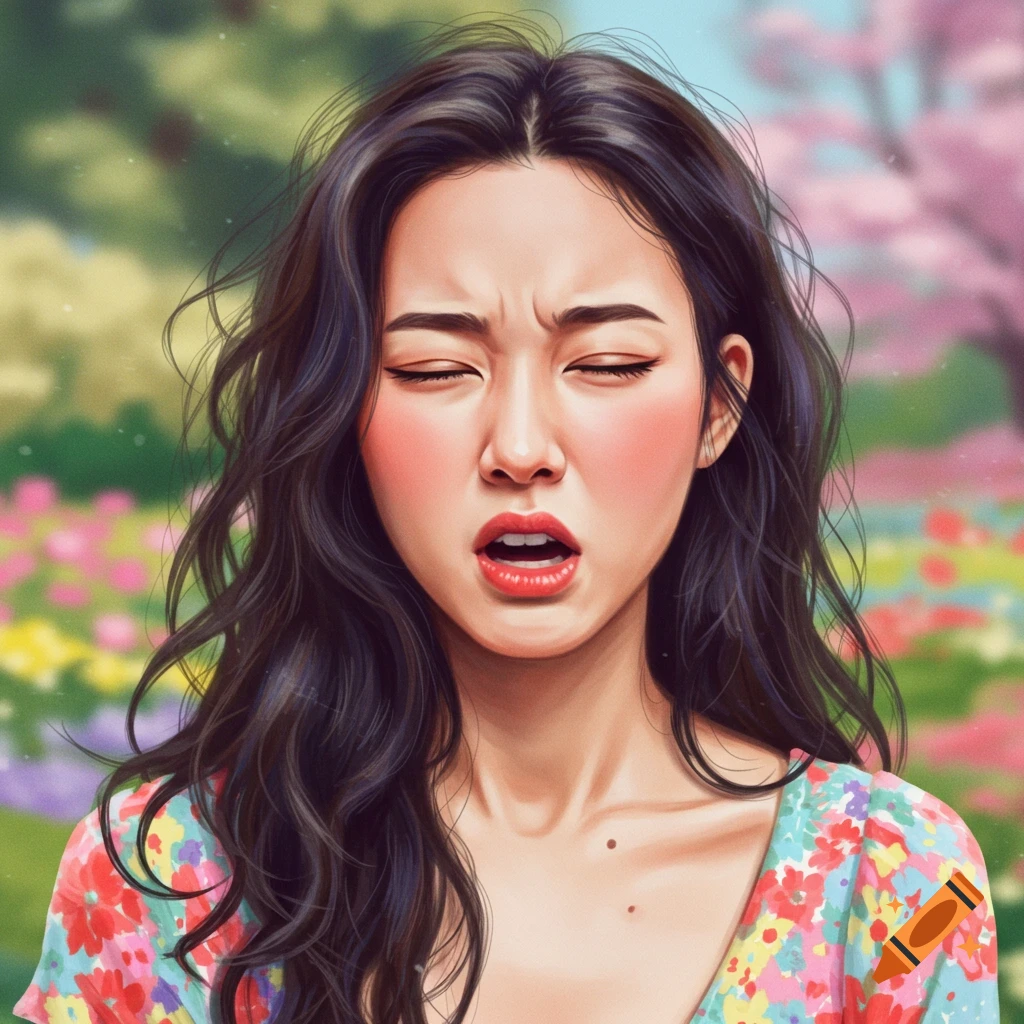 A woman about to sneeze in a garden