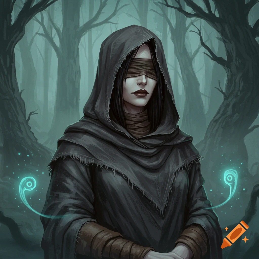 A blindfolded person in a hooded cloak stands in a misty forest with glowing tendrils.