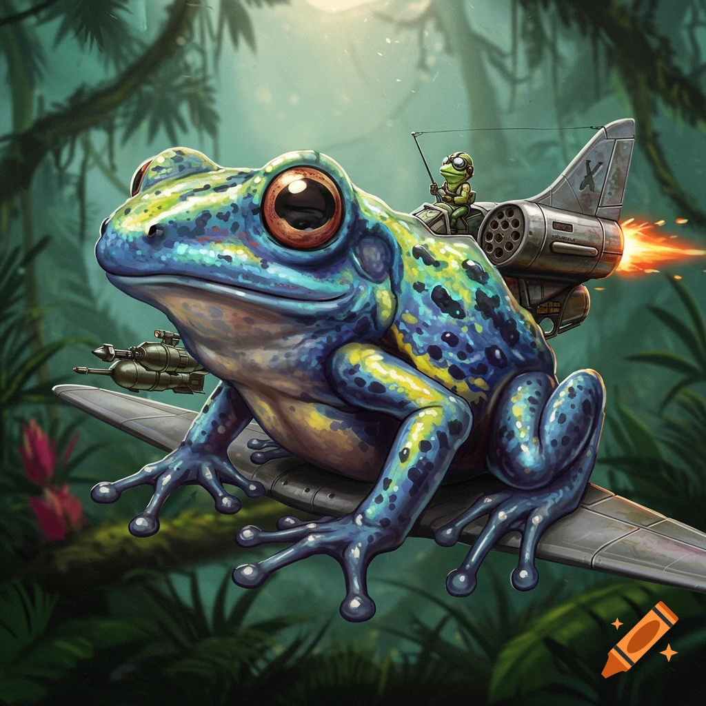 A colorful frog glides on a wing with a smaller frog on a jetpack through a jungle canopy.