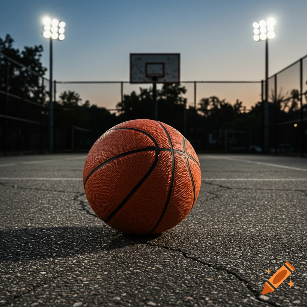 A basketball sits on a court with a hoop and lights in the background at dusk.