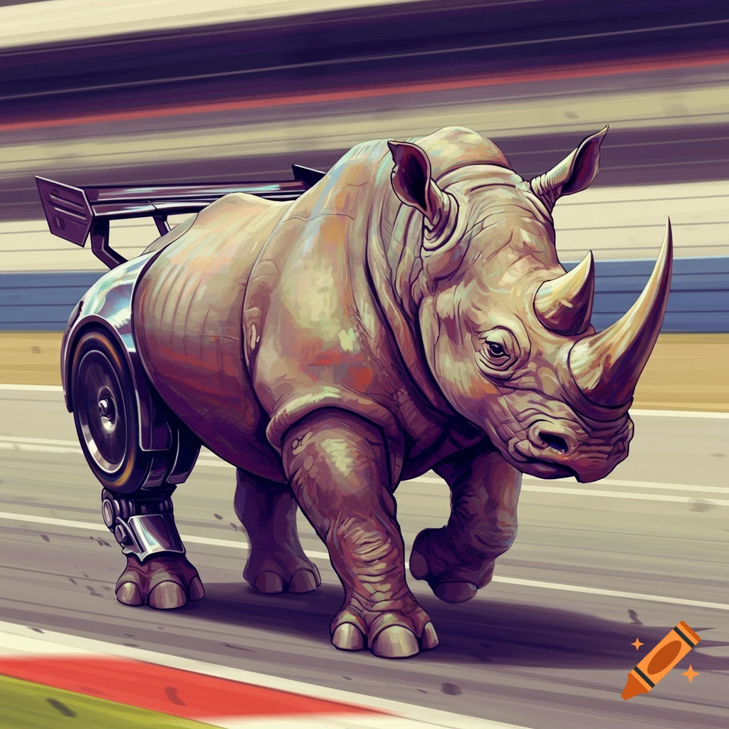 A rhinoceros with racecar parts runs on a track.