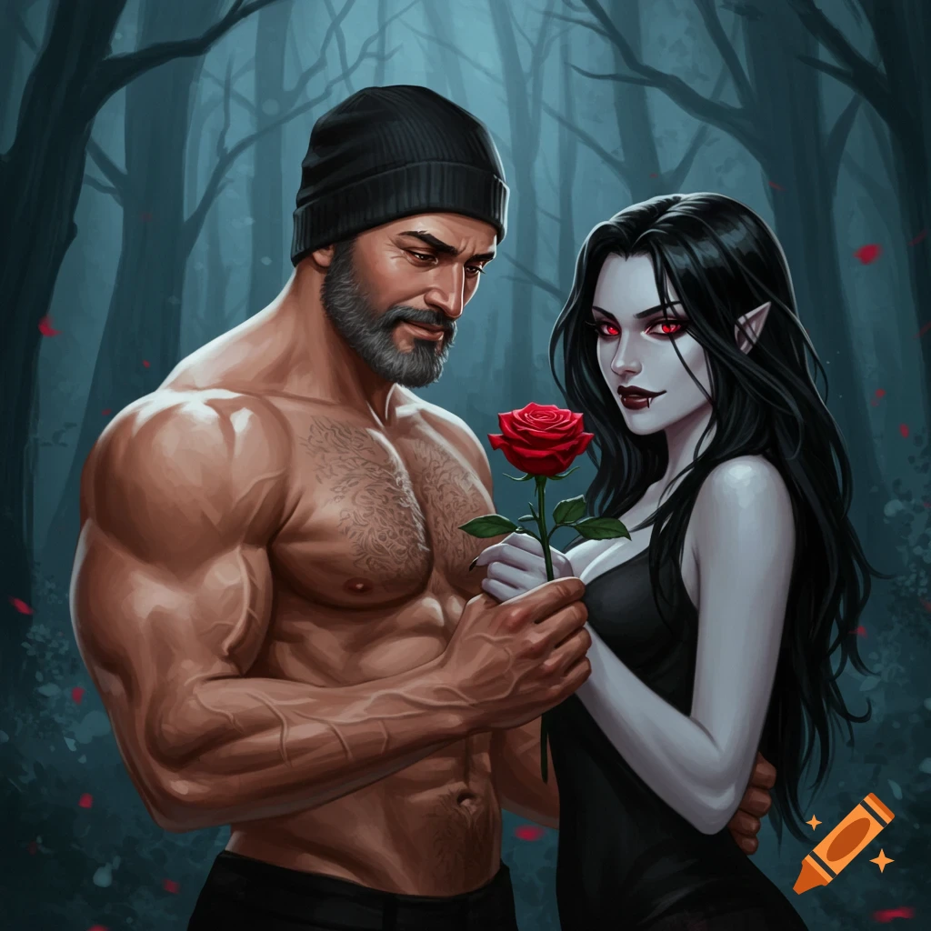 A muscular man gives a red rose to a female vampire in a dark forest.