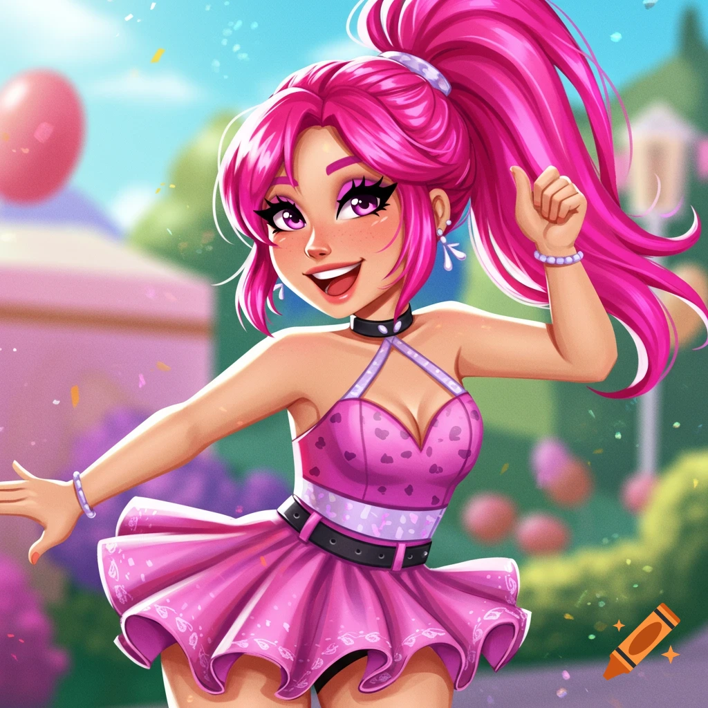 A vibrant image of a girl with pink hair in a pink dress giving a thumbs up in a park-like setting.