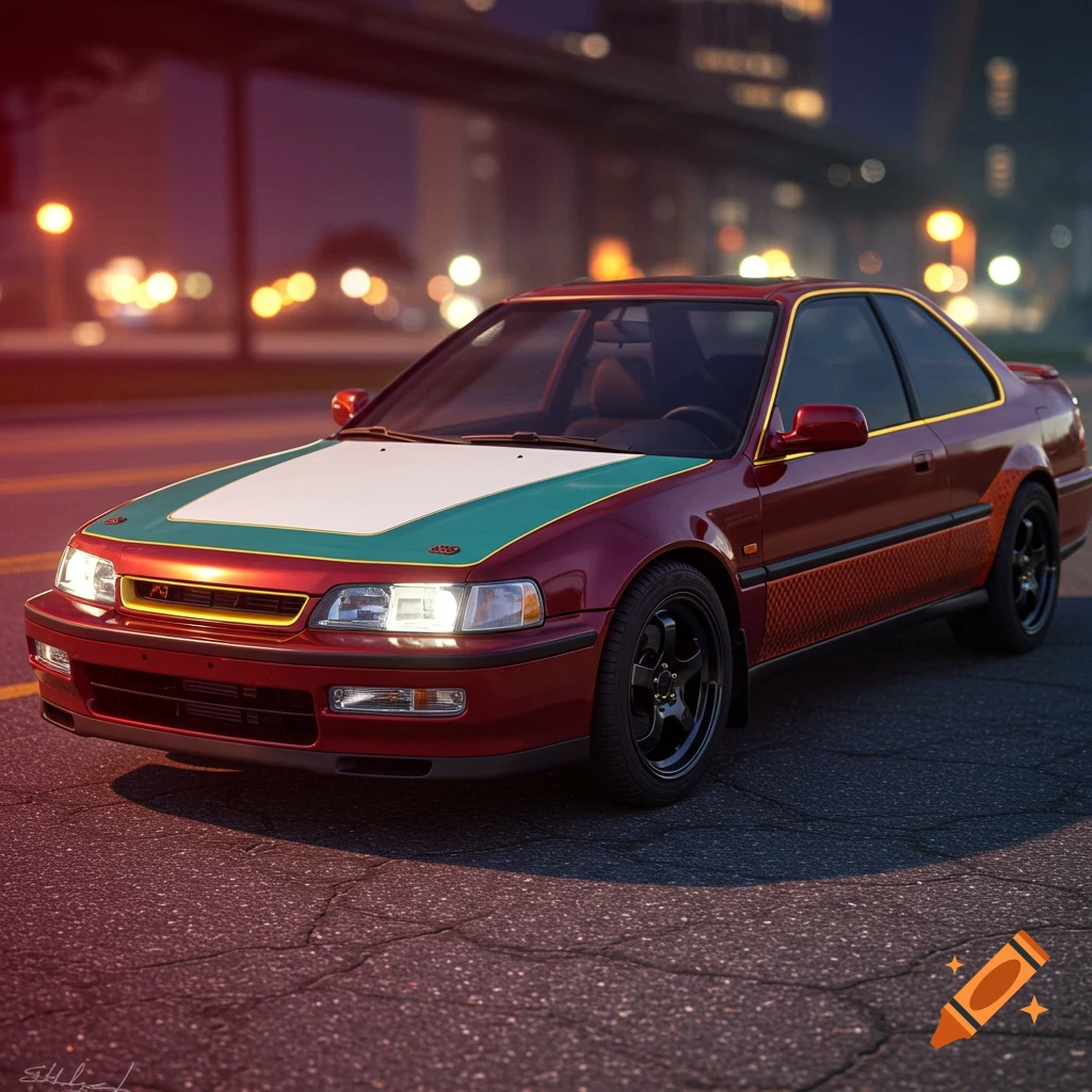 Red retro Honda Accord with custom hood paint and wheels parked on a city street at night with blurred lights.