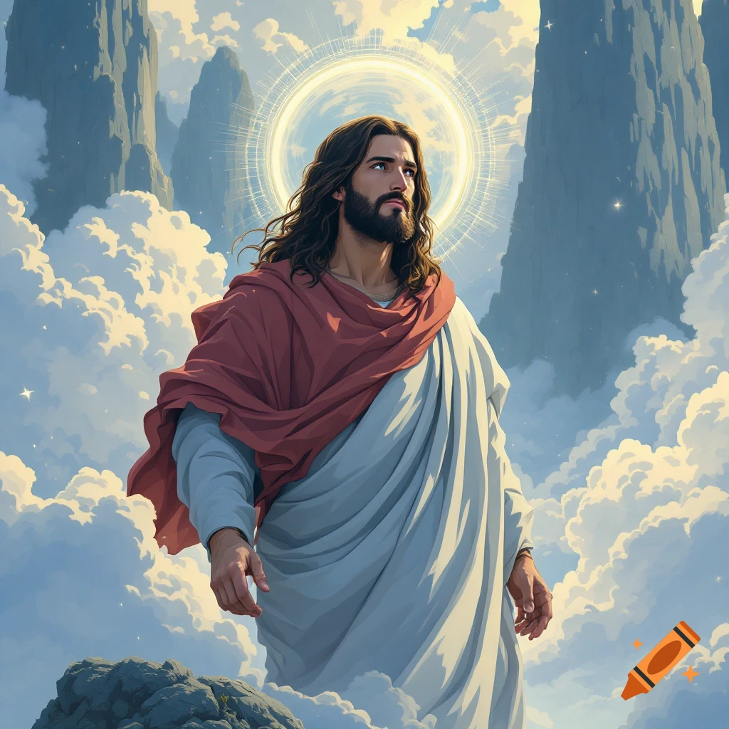 Jesus stands among clouds in a mountainous landscape with a halo of light around his head.
