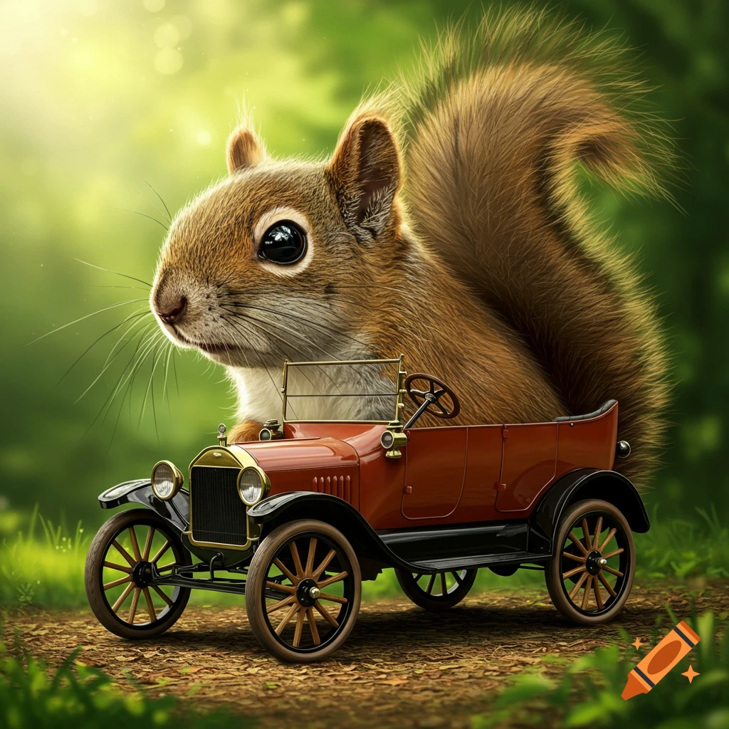 A squirrel with an old red car as its body sits in a forest clearing.