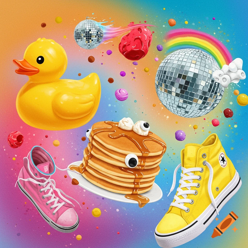 A whimsical scene features a rubber duck, pancakes adorned with googly eyes, sneakers, and disco balls suspended in mid-air, all set against a colorful gradient background.