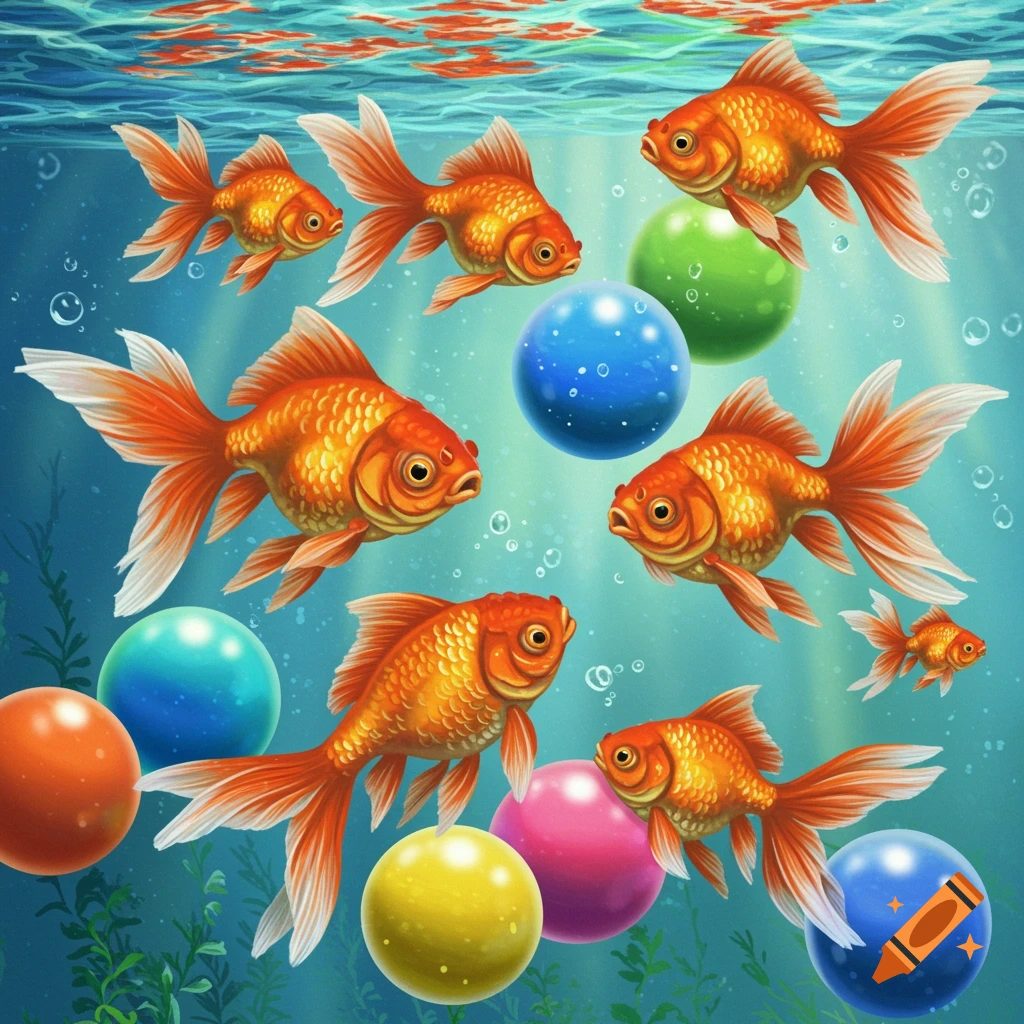 Goldfish are swimming with colorful bouncy balls in an aquarium.