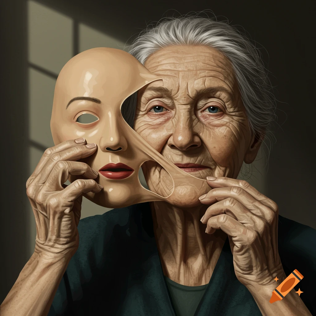 Old woman removing a rubber mask of a younger face.