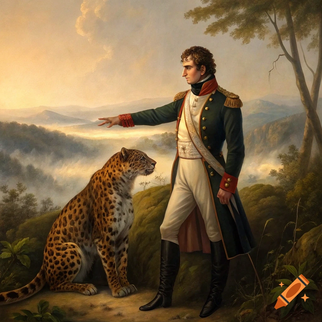 Man in historical military uniform standing with a leopard in a landscape, painted in oil style.