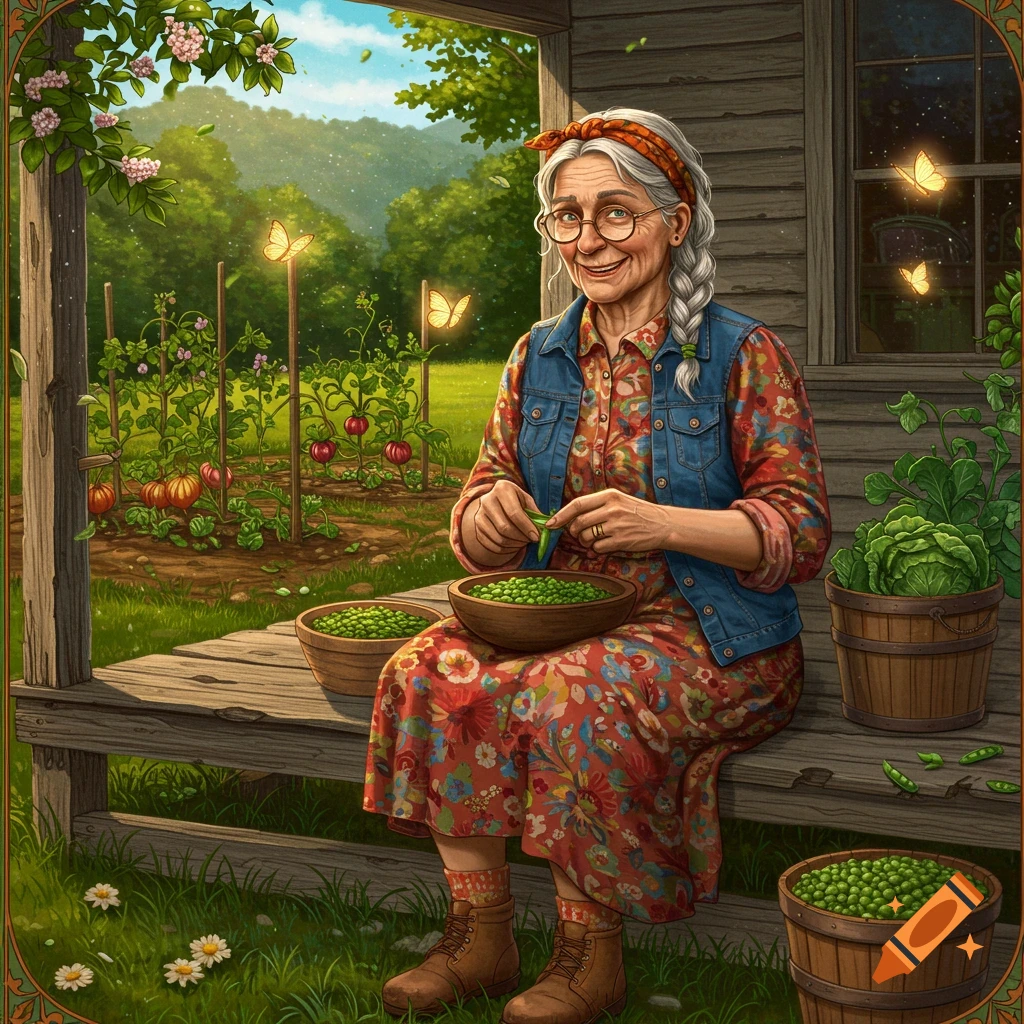 Illustration of an elderly woman shelling peas on a porch with a garden.