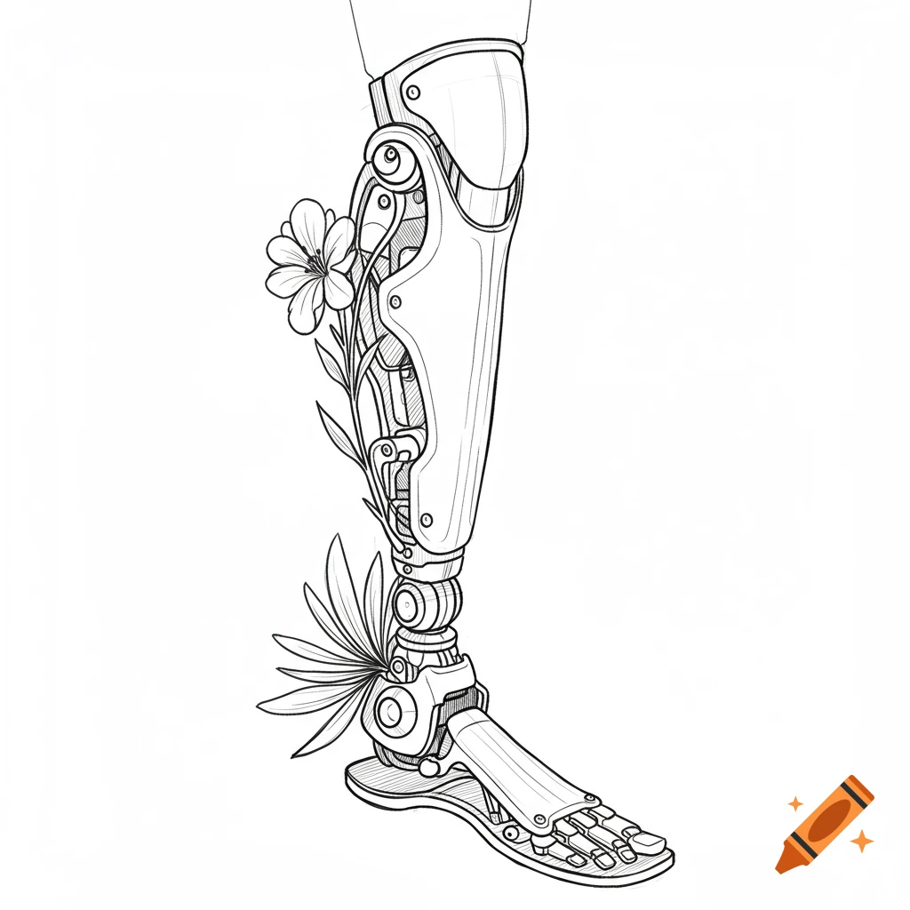 Outline drawing of a prosthetic leg with flowers and leaves attached.