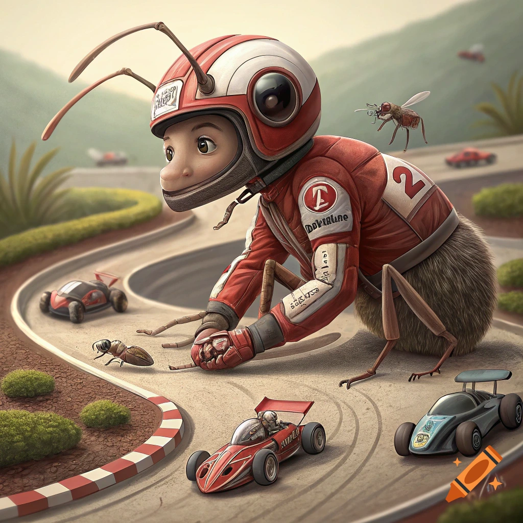 An anthropomorphic ant in a racing suit and helmet races small cars on a track in an illustrated style.