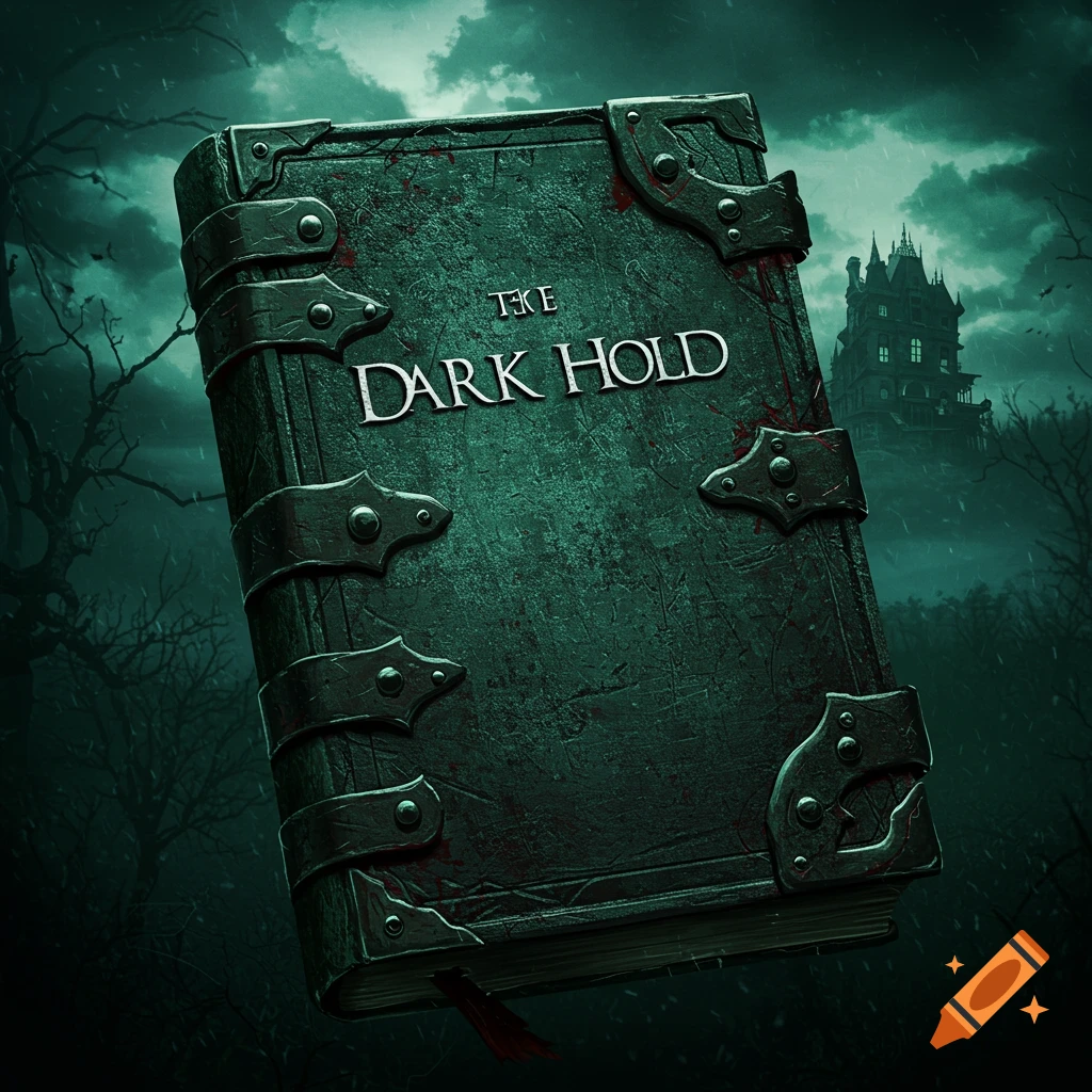 A dark, ominous book titled "THE DARK HOLD" with a gothic mansion in the background under a stormy sky.
