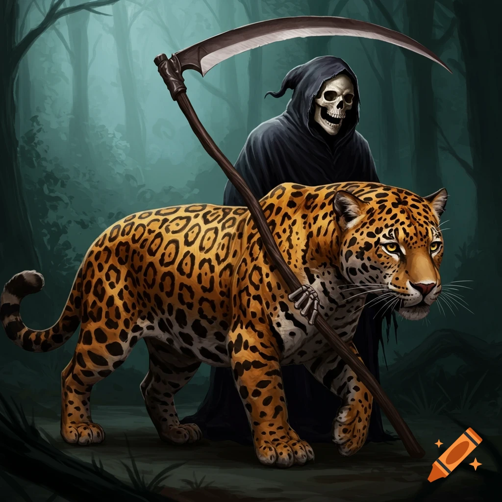 A jaguar body with a Grim Reaper torso and head holding a scythe in a dark forest.