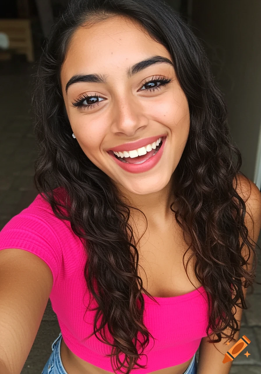 Selfie of a young woman with curly hair in a pink crop top, smiling broadly.