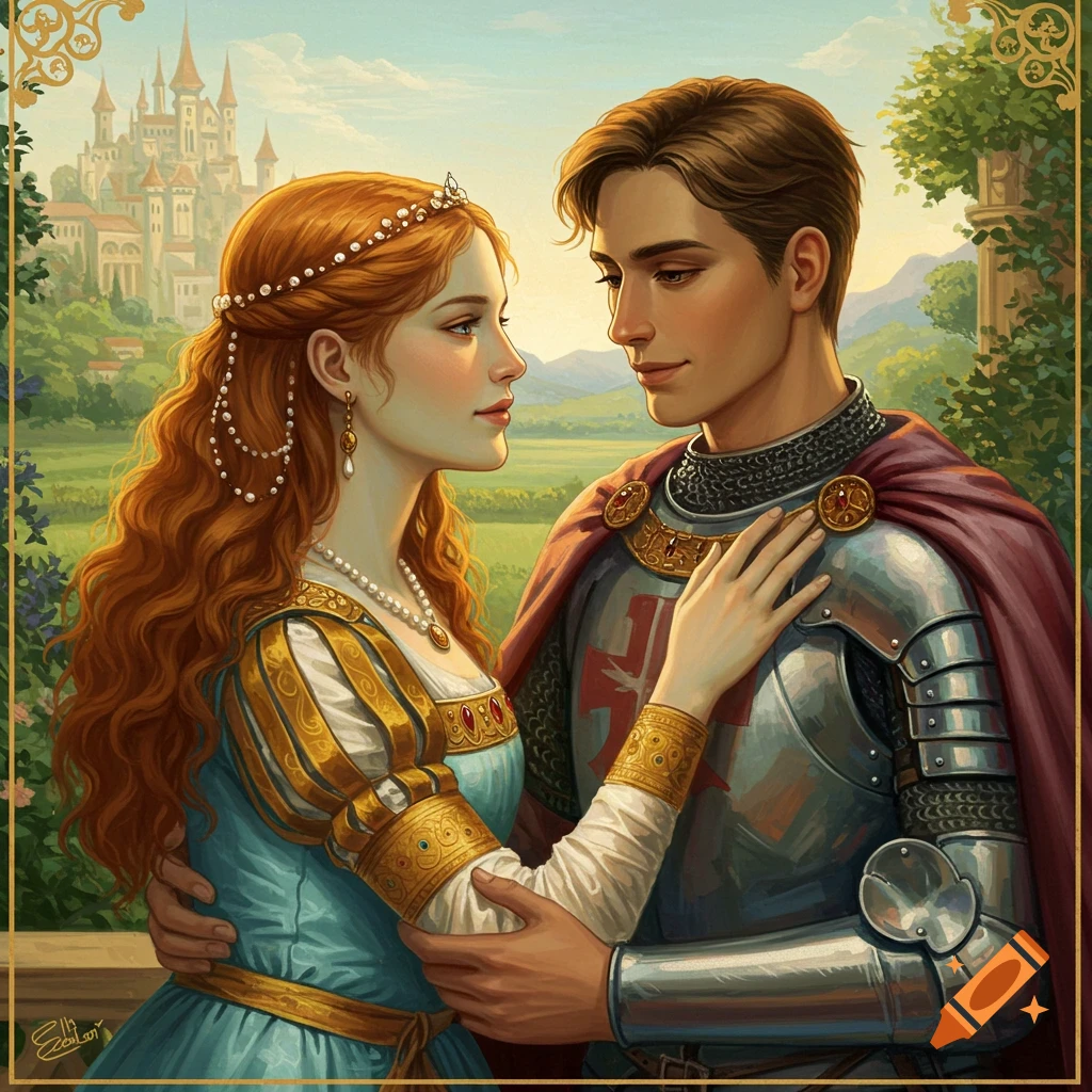 A romantic painting of a princess and a knight embracing in a garden with a castle in the background.