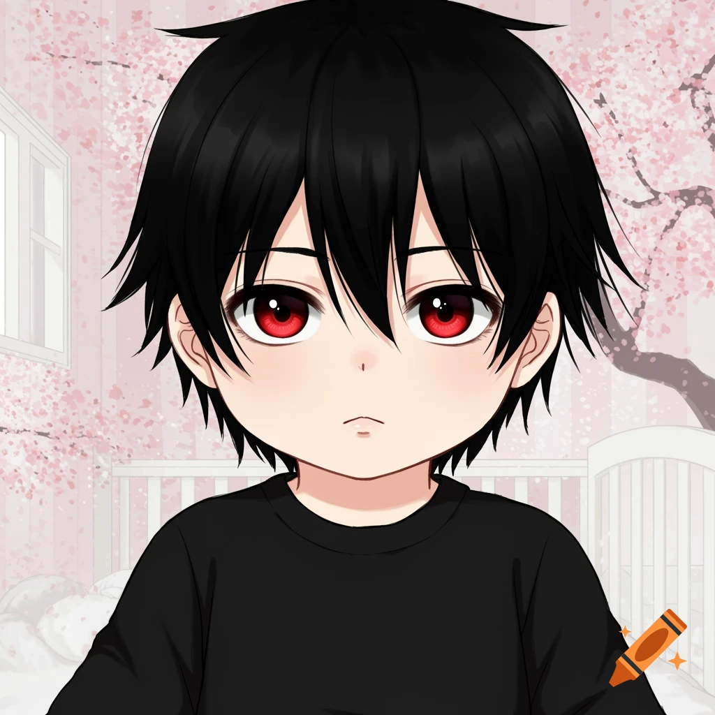 Anime baby boy with black hair and red eyes in a nursery
