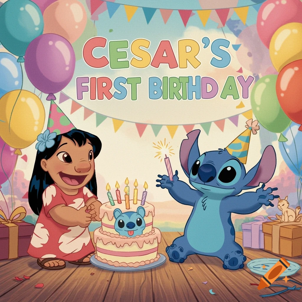 Lilo and Stitch celebrate Cesar's first birthday with cake and balloons.
