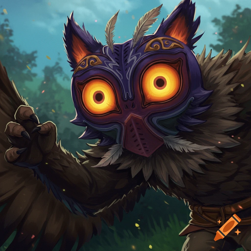 An owl-like creature wearing a purple mask with glowing eyes in a forest.