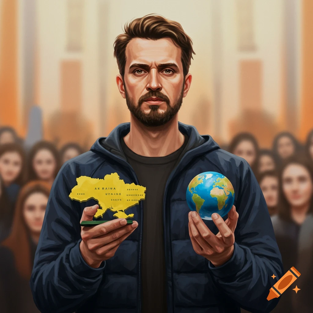 A man holding a map of Ukraine and a globe stands before a crowd.